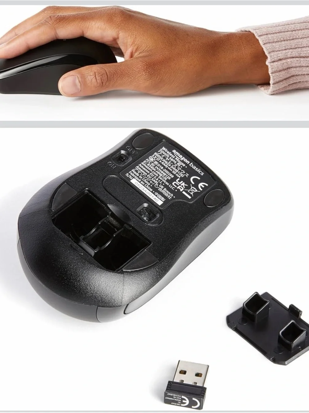 AmazonBasics Black Wireless Optical Mouse - Comfortable USB Mouse